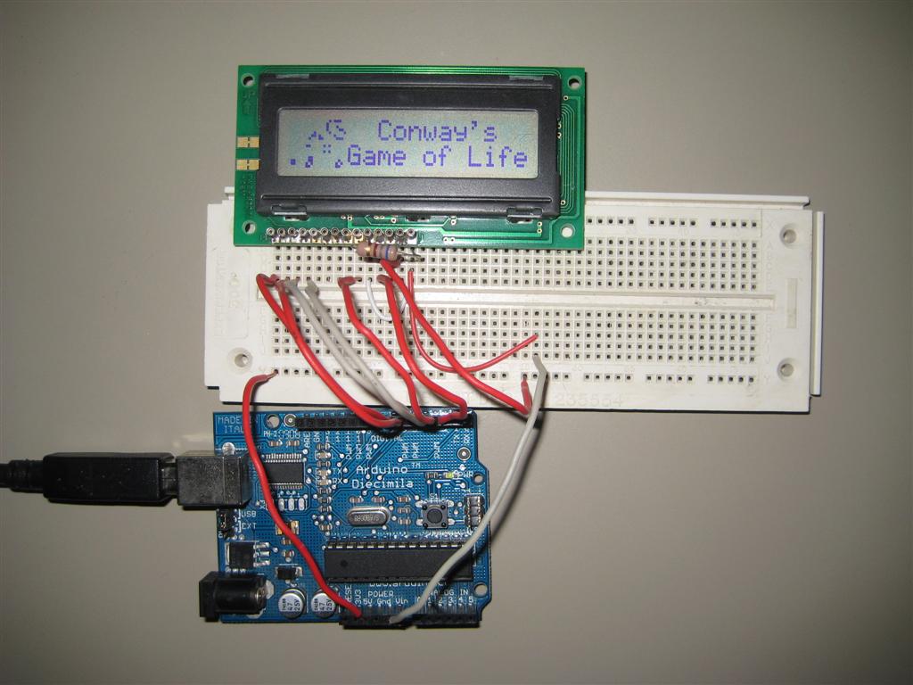 Arduino LCD showing custom characters for Game of Life