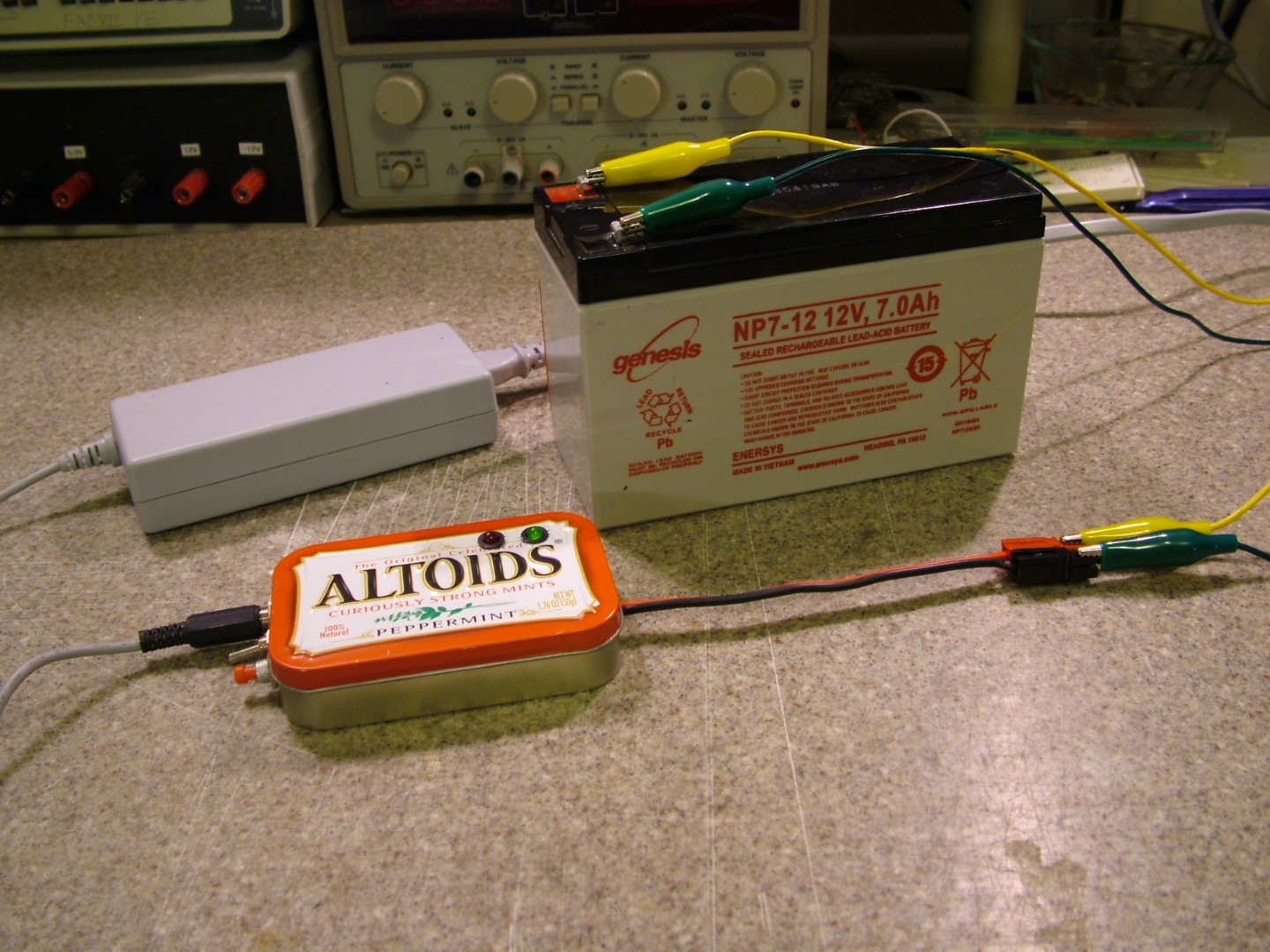 Completed battery charger on breadboard