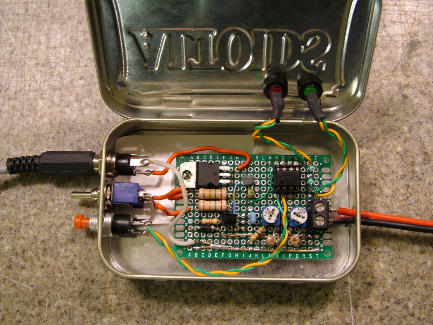 Close-up of breadboard with 555 timer and LM317